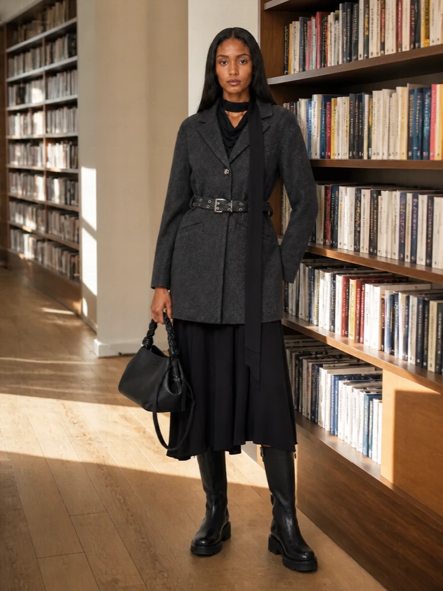 Ganni charcoal coat black draped midi dress outfit