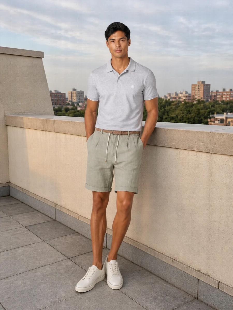 This look pairs the heather-grey polo with stone-beige drawstring shorts for a softly tailored take on summer ease. Off-white suede sneakers keep the palette light and minimal, while a tan braided belt and cognac weekender introduce just enough warm leather to underscore the quiet-luxury mood without feeling formal. It’s an elevated resort or city-weekend uniform: relaxed, impeccably edited, and quietly confident.