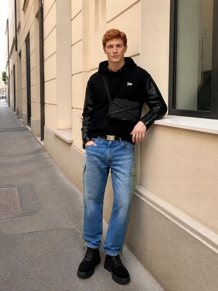 Junya hoodie hybrid cargo jeans outfit
