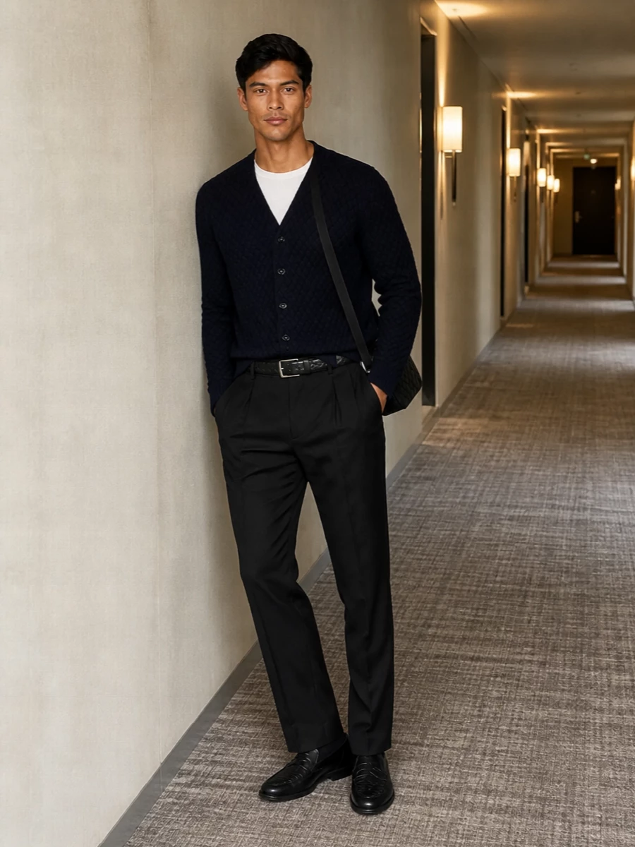 Bottega veneta navy cardigan pleated trouser outfit