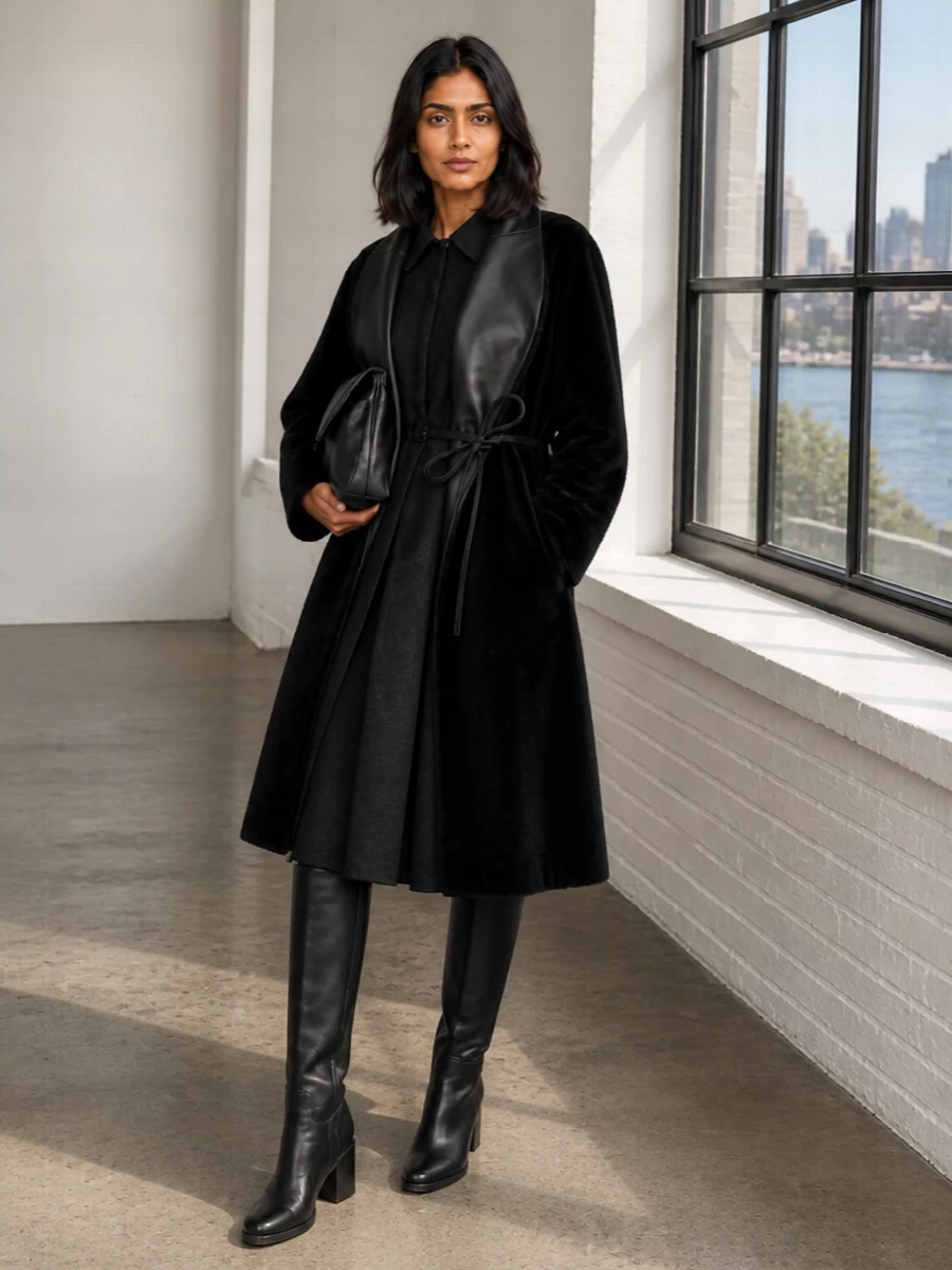 Fendi shirtdress black faux fur wrap coat outfit