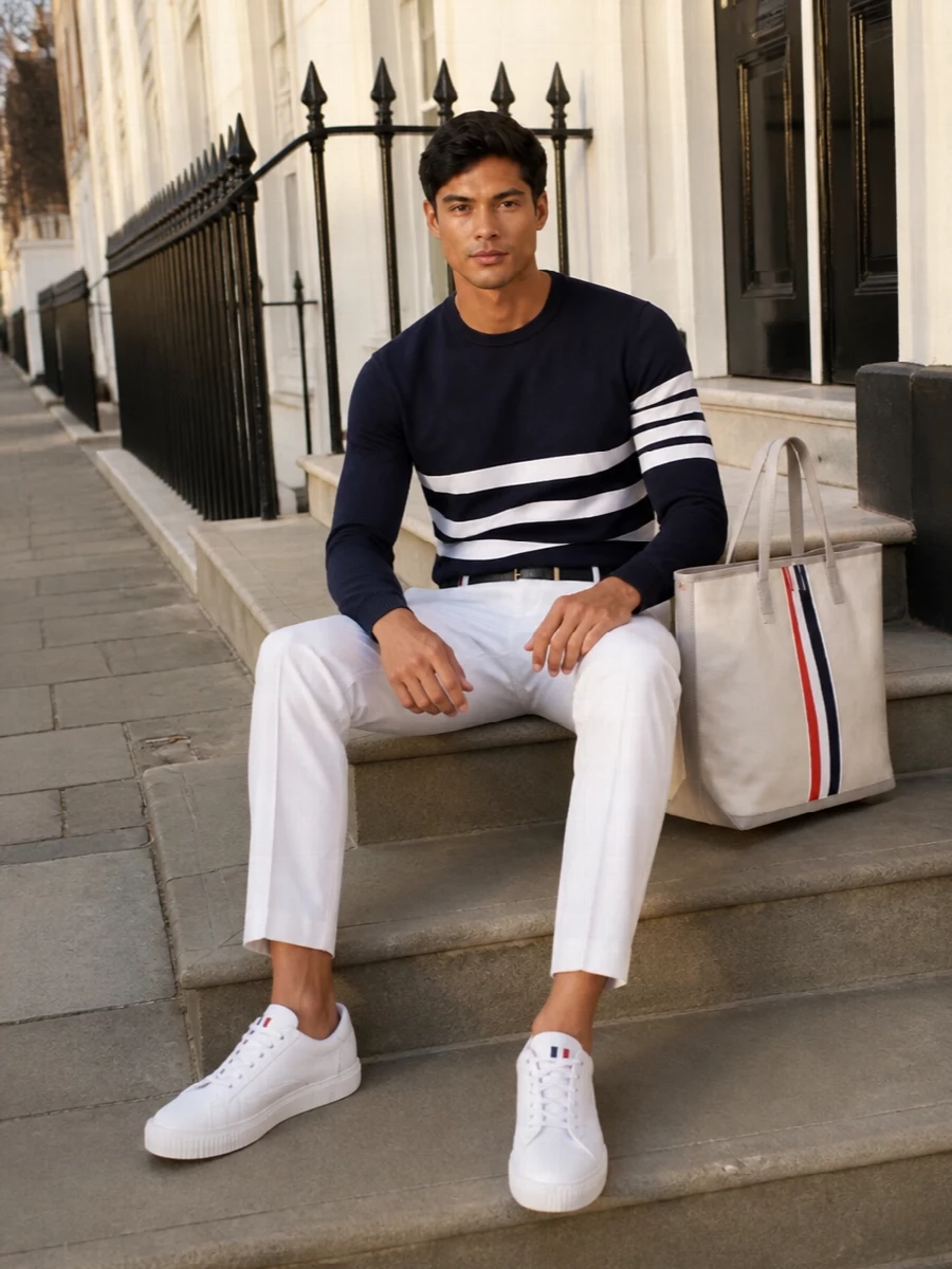 Thom browne navy stripe sweater off white trousers