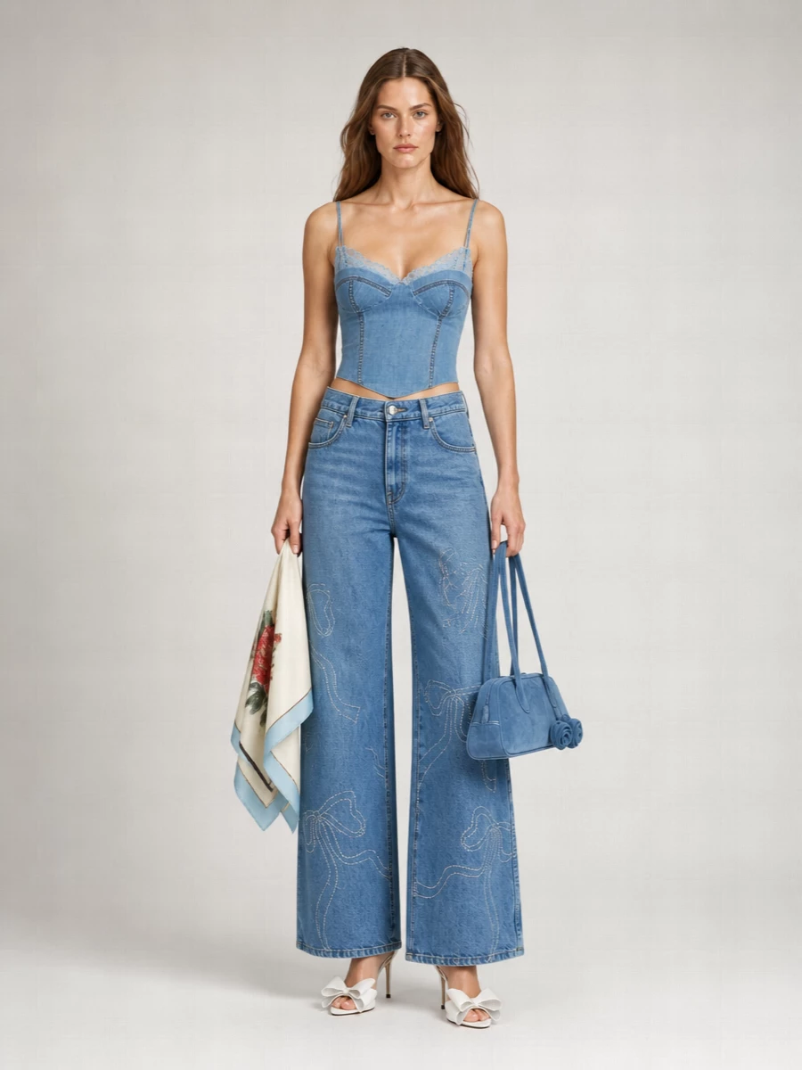 Mach & Mach Crystal-Embellished Wide-Leg Jeans