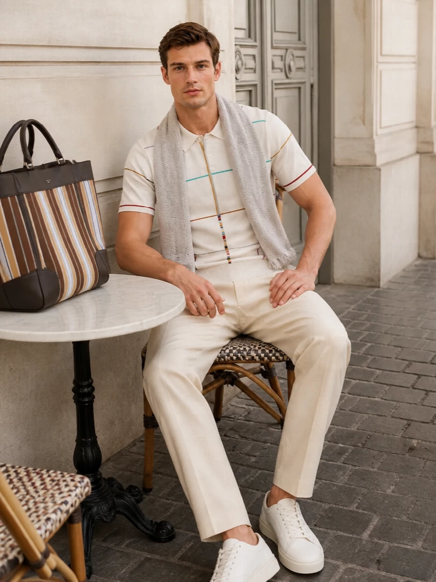 Cream, light beige and soft stone keep this outfit bright and composed, letting the checked knit polo stay the focal point. Tailored pleated trousers and crisp off-white sneakers strike a polished yet relaxed balance, perfect for warm-weather days that move between meetings and terrace time. The structured striped tote and subtle scarf add just enough texture and colour to feel considered without tipping into fussiness.