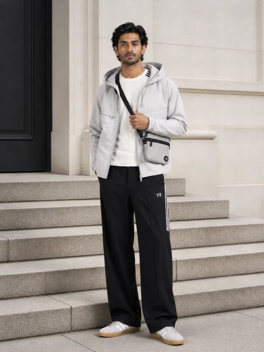 Y3 parka wide leg track pants gazelle sneakers