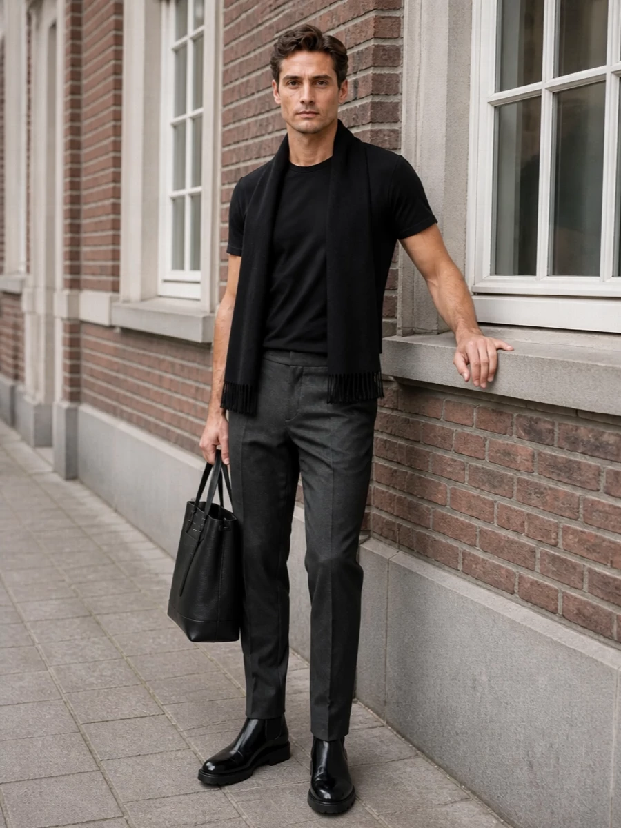 Givenchy black t shirt tailored grey trousers