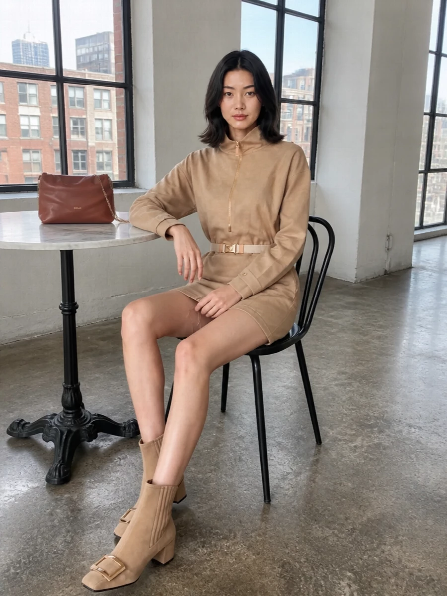 I chose the dress route here, letting Prada’s camel mini act as a streamlined canvas that picks up the Chloé bag’s warm terracotta and keeps the mood clean and quietly luxurious. The structured suede ankle boots ground the shorter hem with a refined, city-ready finish, while the warm tonal palette keeps everything soft rather than severe. Together they read as modern, polished daywear that can stretch into evening with a simple jewelry shift.