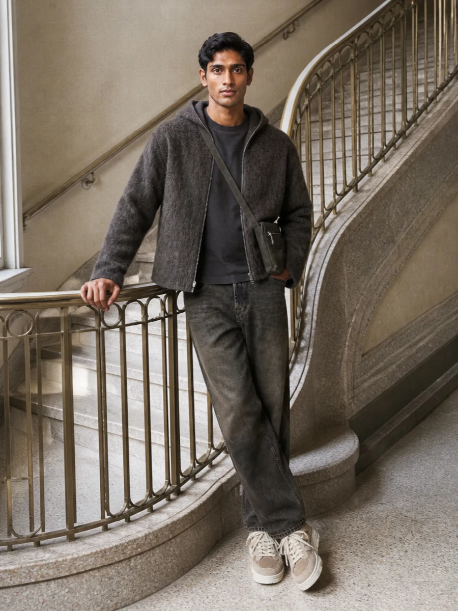 Our legacy taupe hoodie charcoal jeans outfit