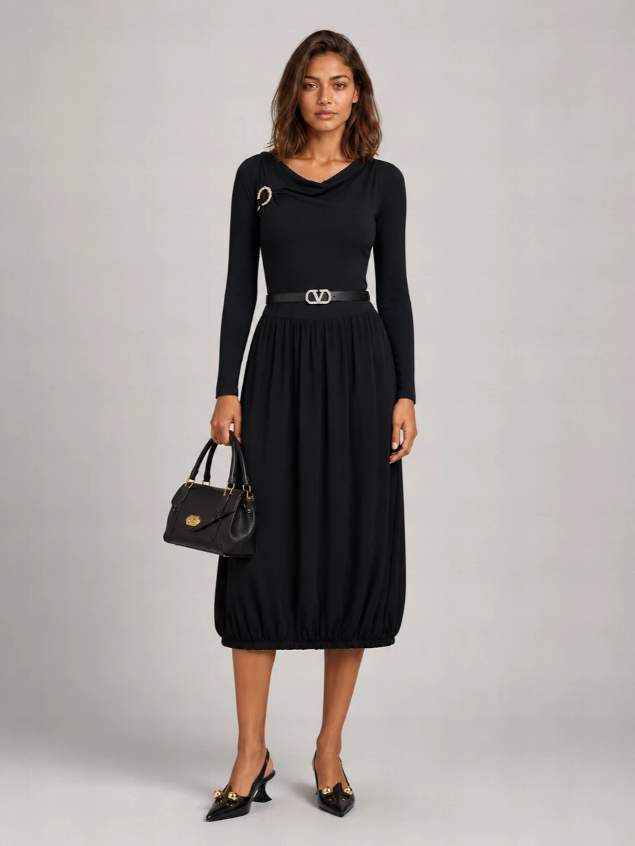 Lanvin Draped Asymmetric Long-Sleeve Midi Dress