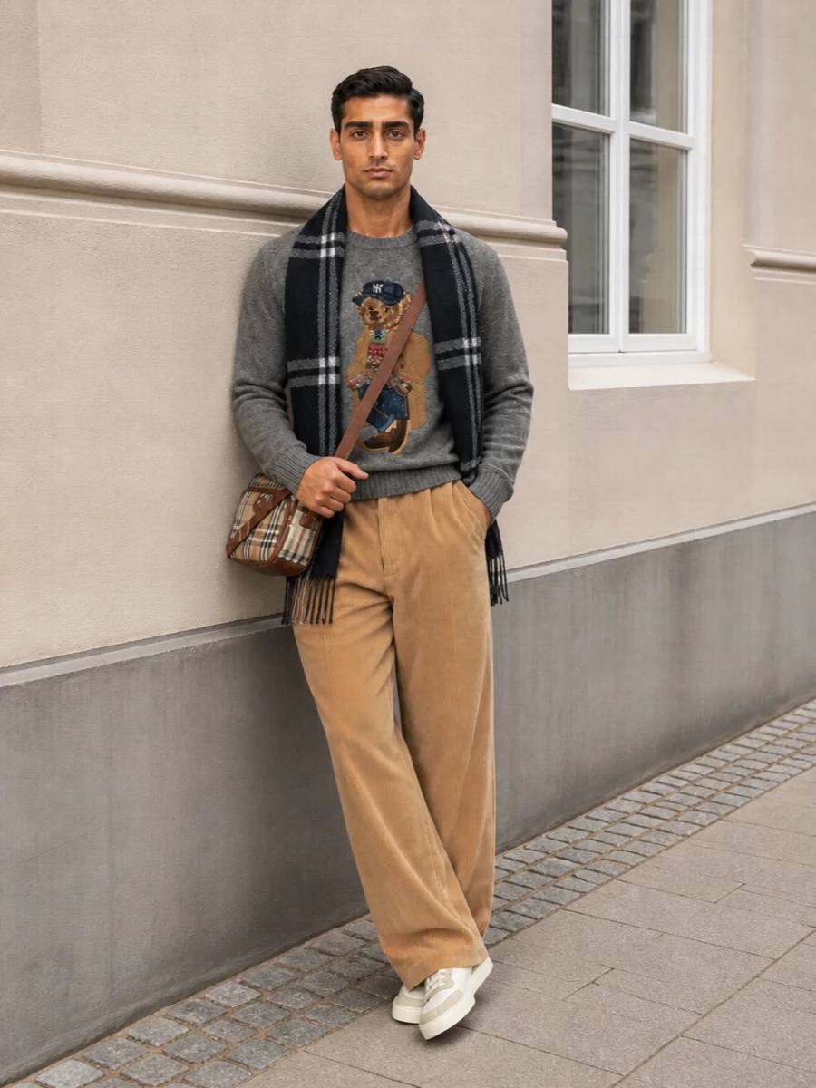 Polo bear sweater camel corduroy trousers