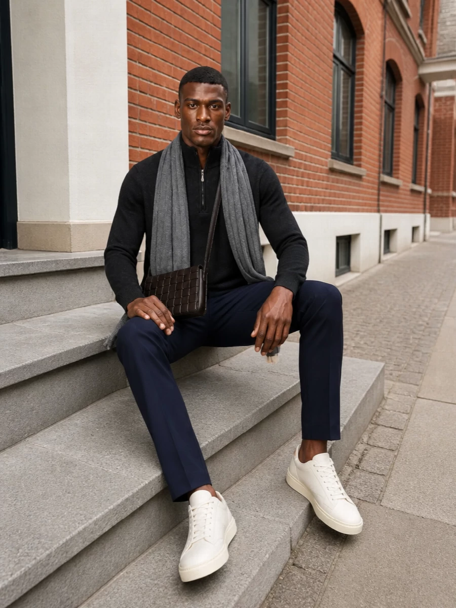 Brunello cucinelli charcoal sweater navy trousers