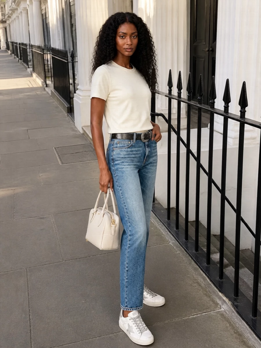 Golden goose straight jeans cream tee outfit