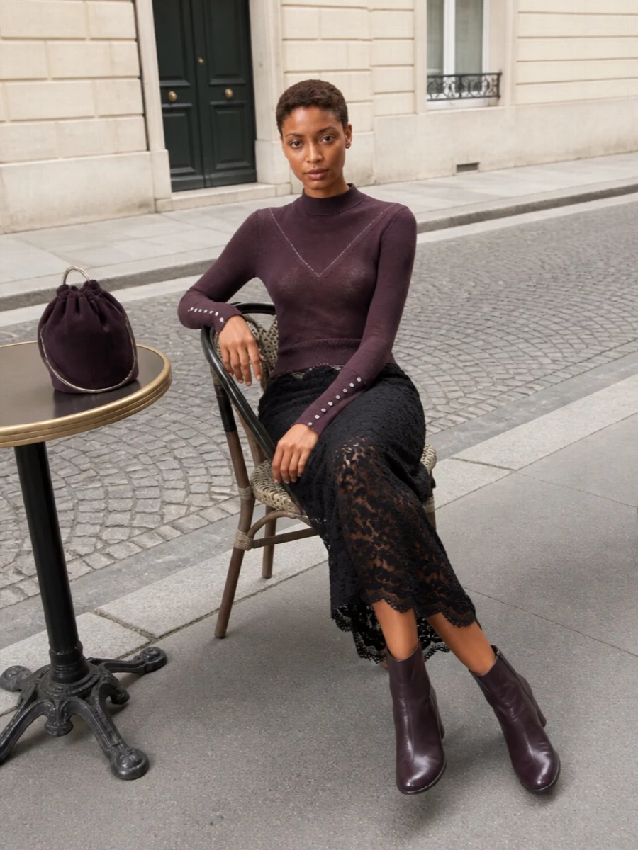 Paco rabanne plum knit black lace midi skirt