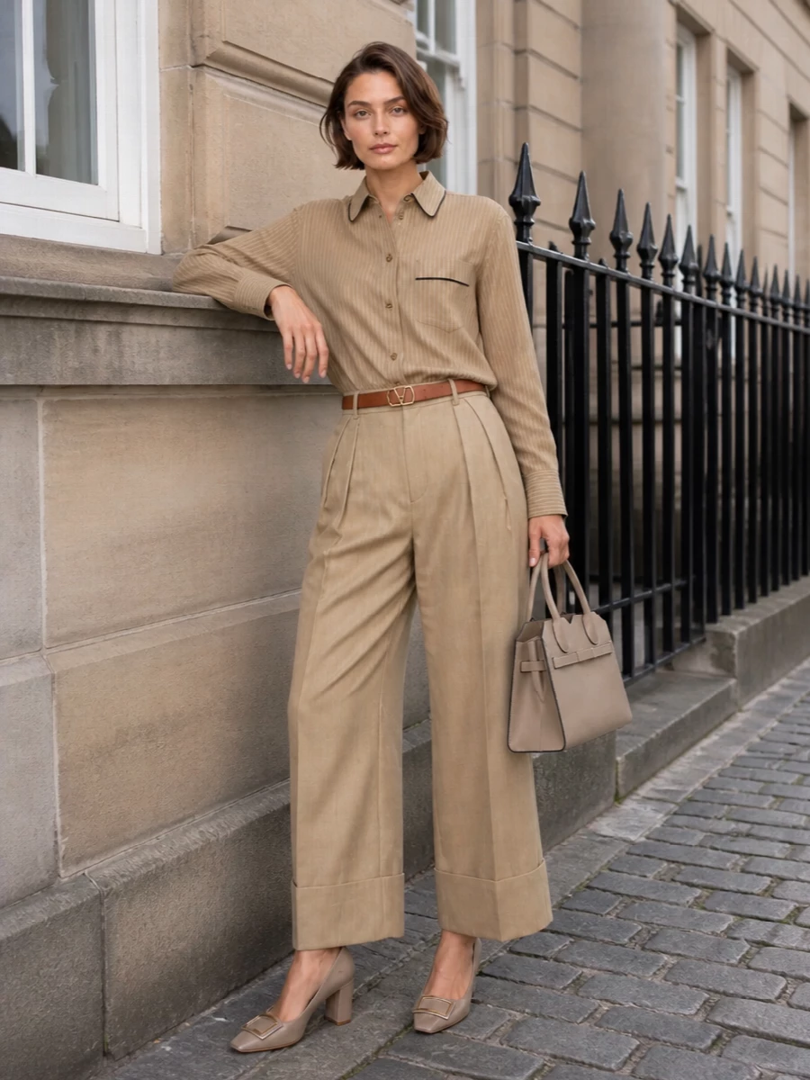 Victoria beckham striped shirt camel wide leg trouser