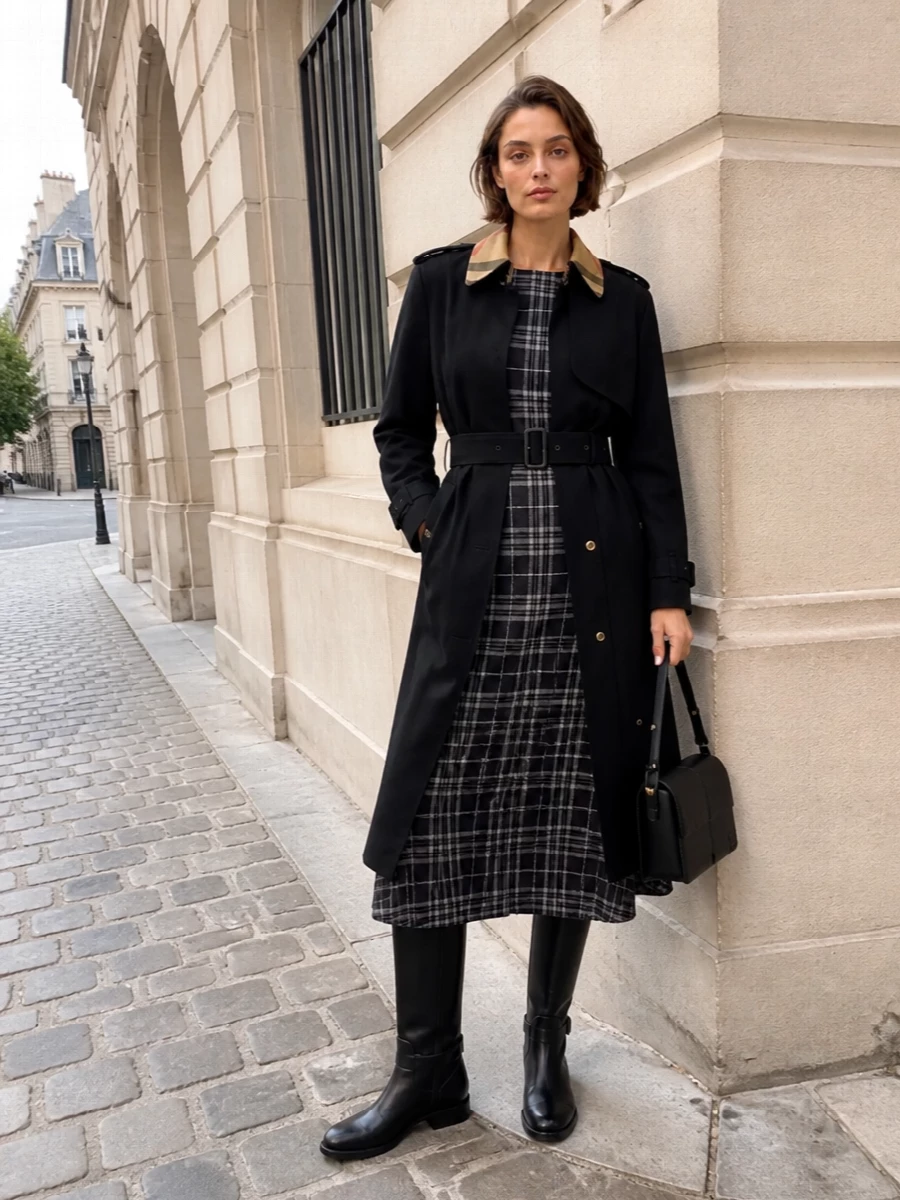 Burberry black trench plaid midi dress outfit