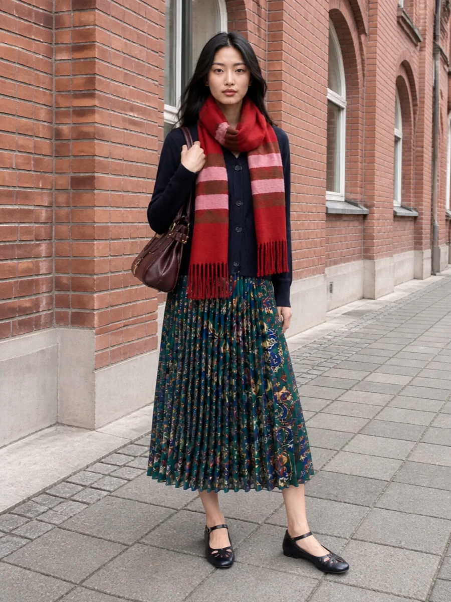 Sacai cardigan pleated midi skirt outfit