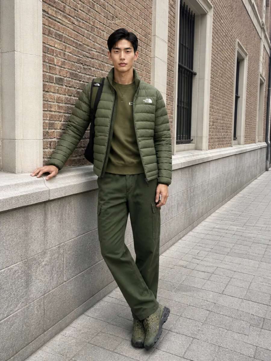 North face olive puffer cargo pants outfit