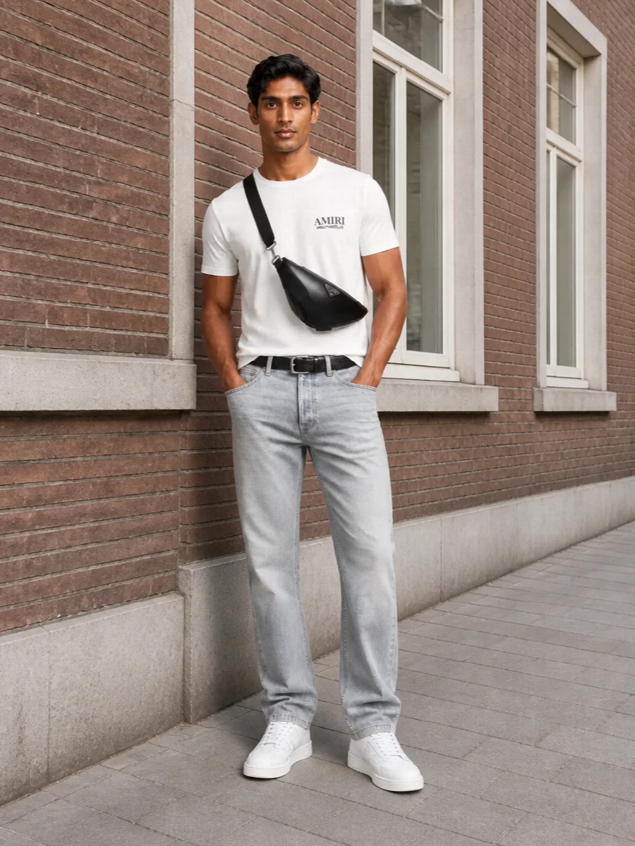Amiri white tee grey jeans prada crossbody