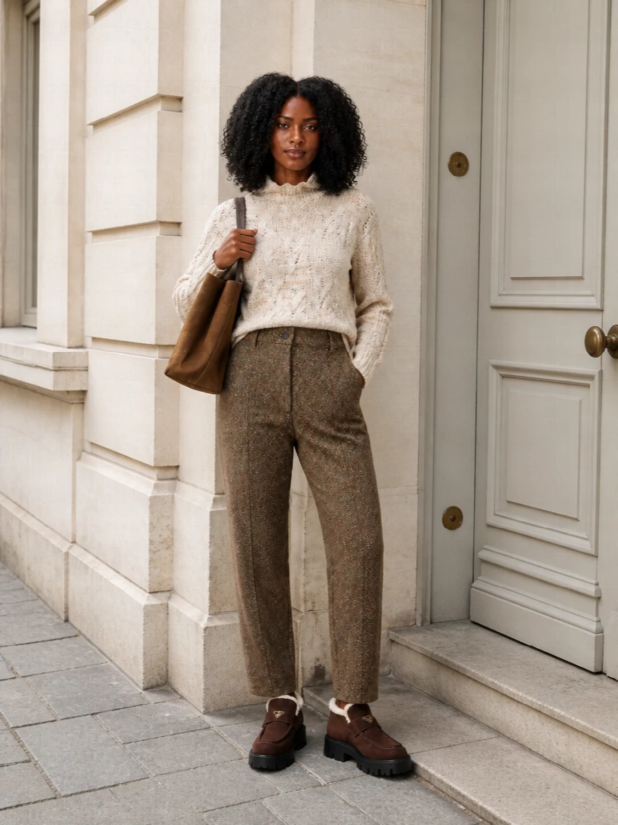 A soft oatmeal cable knit paired with flecked brown tweed trousers creates a cocooning yet composed winter uniform for the chunky chocolate Prada boots. The high waist and relaxed straight leg ground the knit’s easy volume, while the Tod’s suede tote quietly repeats the rich browns for a cohesive, city-ready take on alpine comfort.