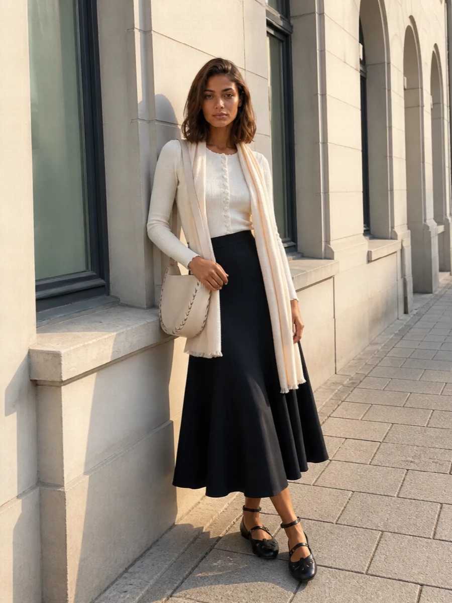 Chloe buttercream knit black midi skirt outfit