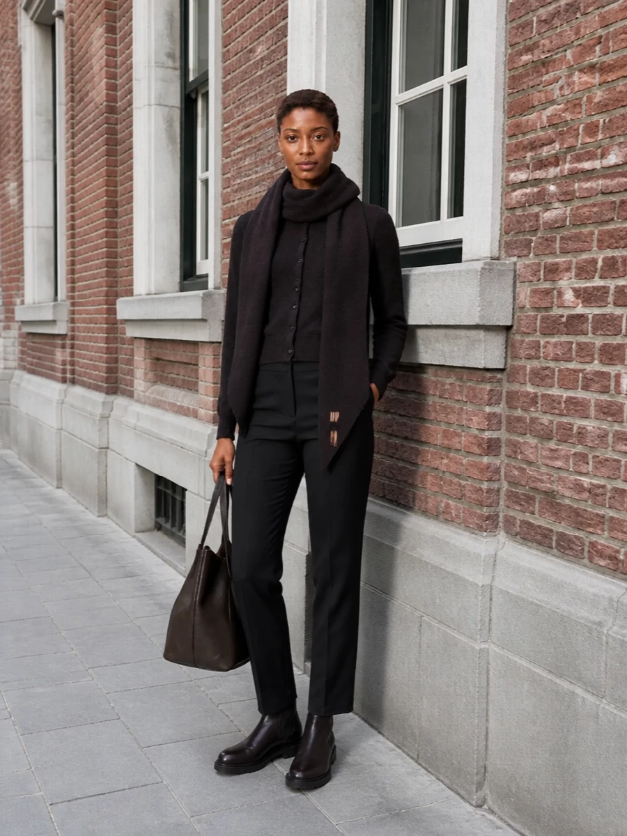 Extreme cashmere cardigan black trousers outfit
