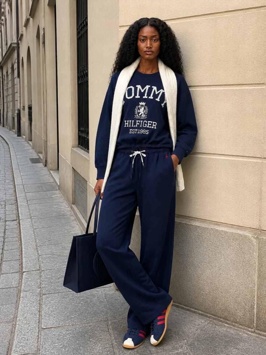 Tommy hilfiger sweatshirt navy track pants outfit