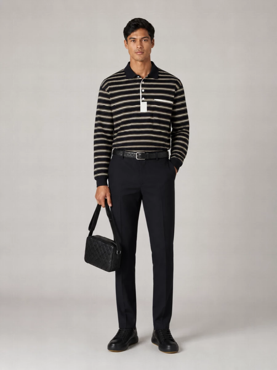 Bottega Veneta Striped Pique Long-Sleeve Polo Shirt