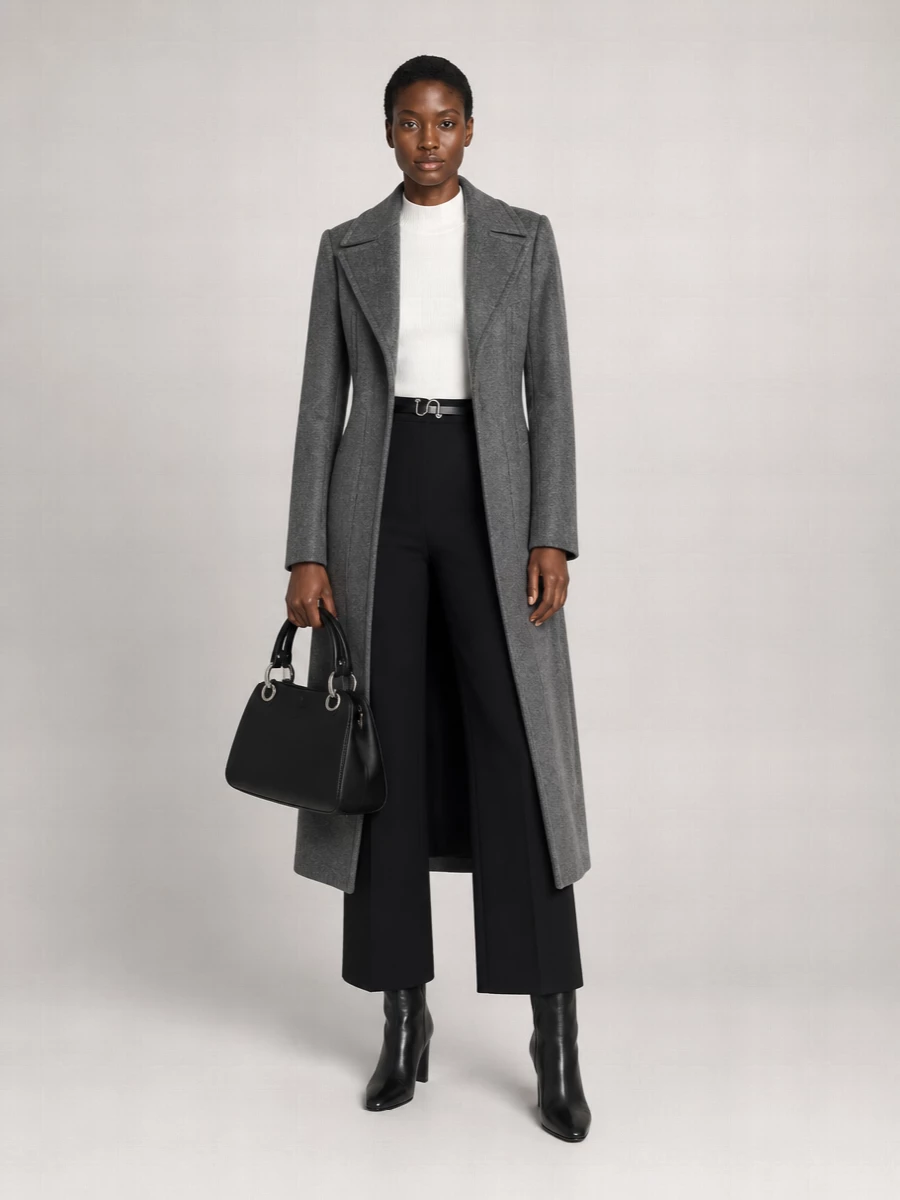 I’m building this as a tailored trouser ensemble rather than a dress, so the coat can do its full columnar job over a long, uninterrupted line of black and soft ivory. The high-rise wide-leg trouser and knee-high boots extend the leg beneath the mid-calf coat, while the slim ivory knit breaks up the dark palette just enough to keep it modern. A structured black top‑handle bag finishes it with office‑to‑evening precision that feels powerful but never showy.