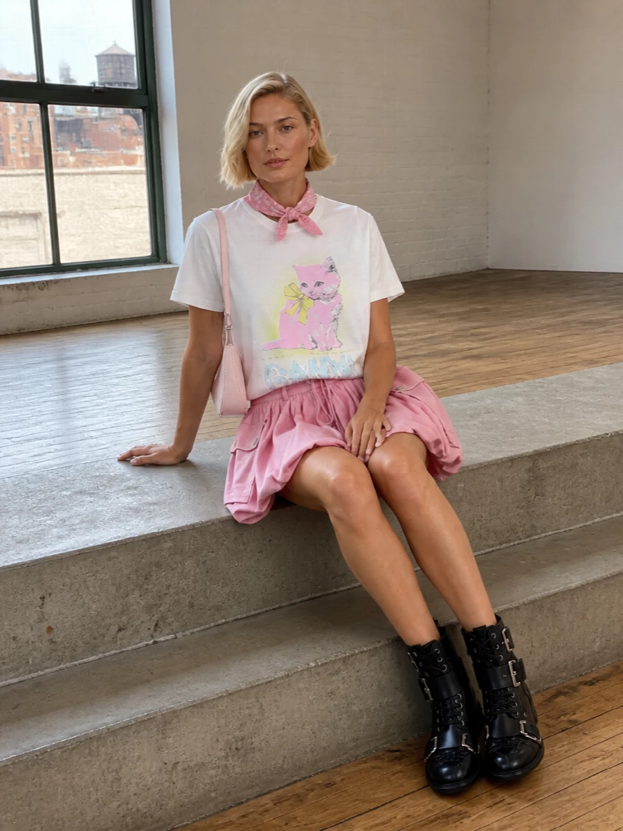 Soft pink utility goes playful here, with the kitten tee echoing the skirt’s sweetness while keeping the vibe firmly tongue in cheek. Chunky black boots cut through the sugar, and the blush baguette plus pink scarf keep everything in a tight, considered palette that still feels easy for city days. The mix of tough leather and bubblegum tones balances cute and gritty in a very Ganni way.