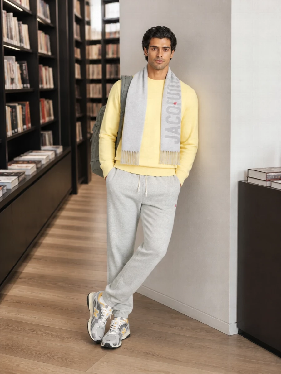 New balance yellow sweatshirt grey joggers outfit