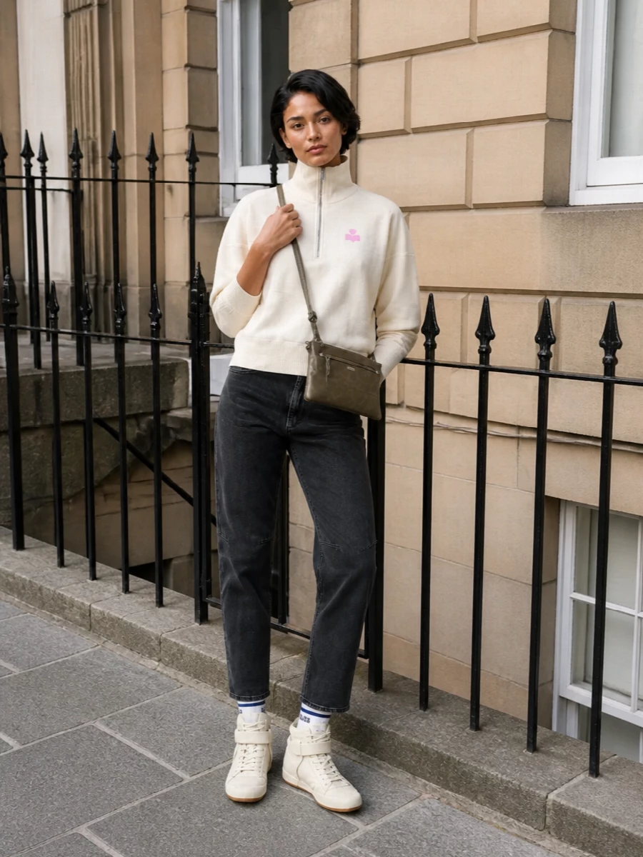 Isabel marant cream half zip charcoal jeans outfit