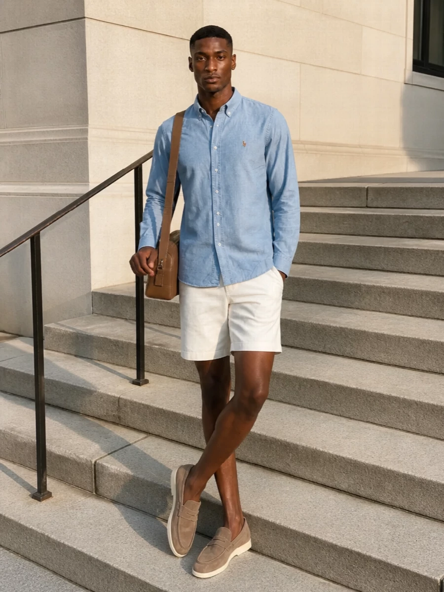 Light chambray and ivory set up a fresh, collegiate palette that feels right at home by the water or on a sunny terrace. Taupe suede loafers and a tan crossbody lean into soft neutrals, keeping everything relaxed but precise. The result is easy East Coast polish that works from late brunch to an unhurried evening drink.
