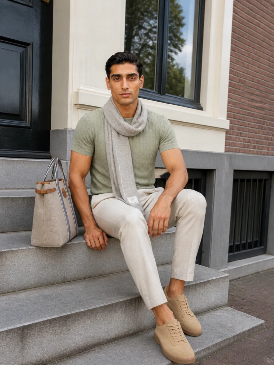 A sage Etro knit meets light‑beige tailored trousers for a soft, sunlit palette that reads polished without feeling formal. Sand suede sneakers keep the line clean and relaxed, while the canvas tote and finely textured scarf introduce just enough Riviera ease for long city days or coastal weekends.