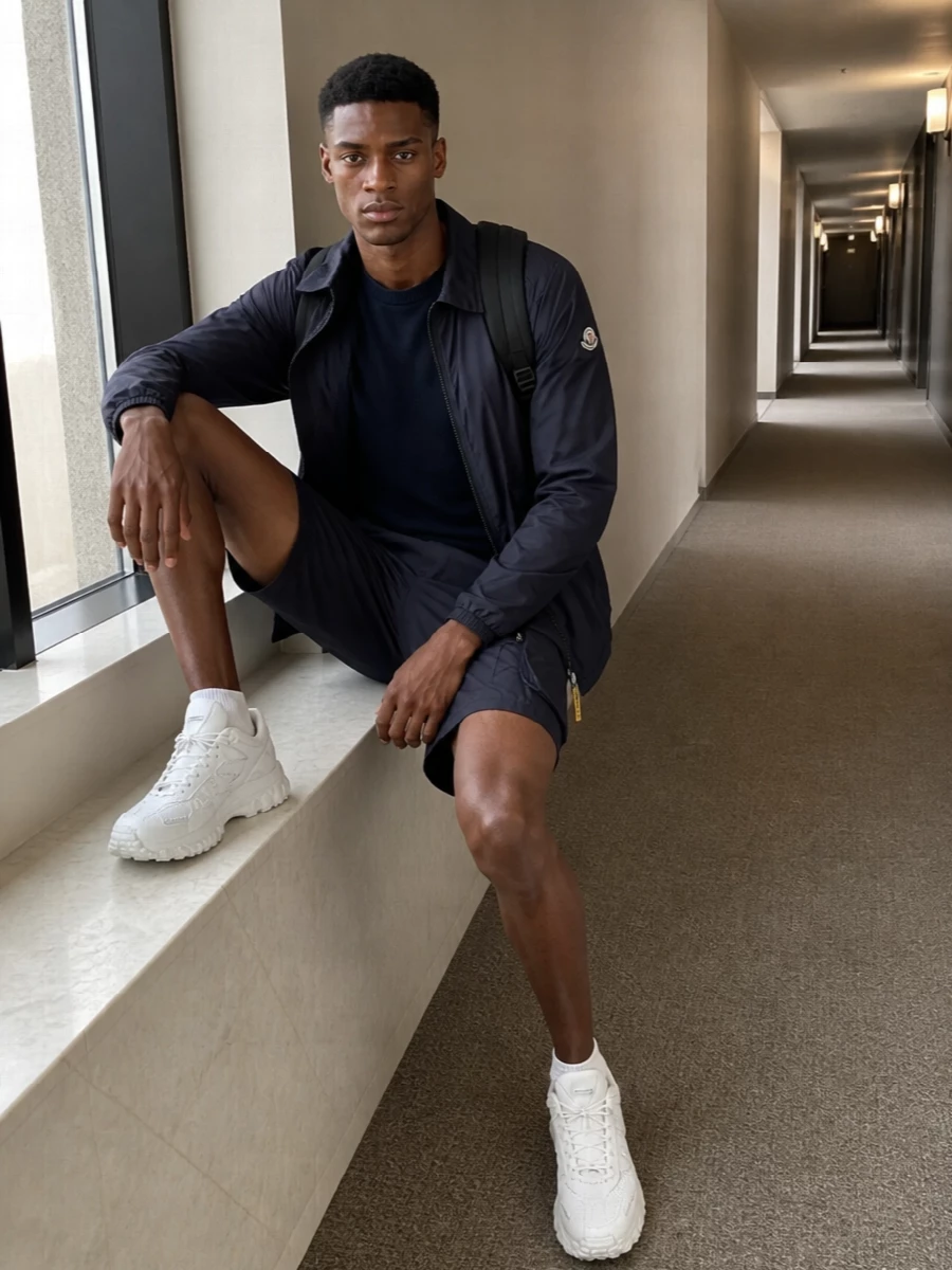 Moncler navy windbreaker cargo shorts outfit