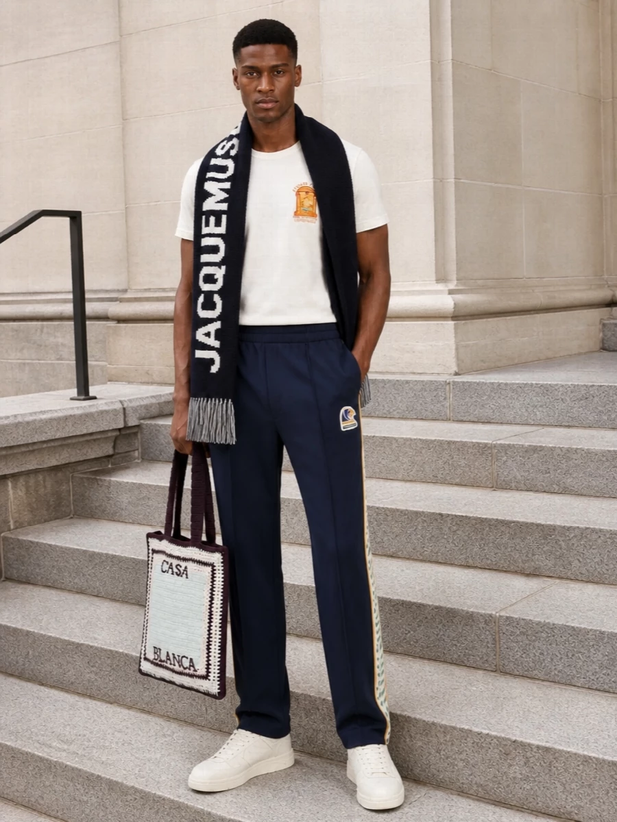 Casablanca tee navy track pants off white sneakers