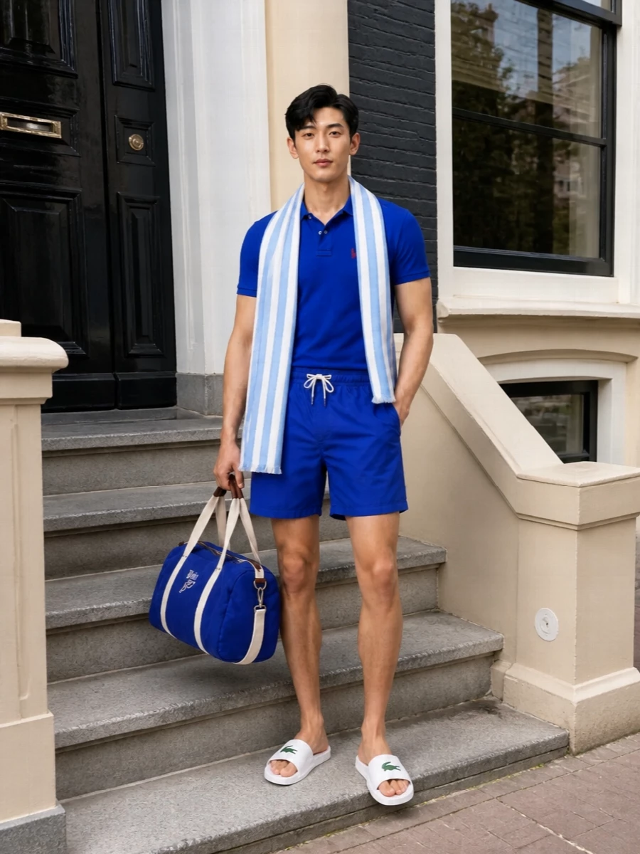 Cobalt on cobalt leans fully into the Polo sport-prep uniform, with the clean piqué collar sharpening the relaxed swim short. White slides and a collegiate duffle keep it practical from pool to marina, while a striped scarf softens all that blue with a quiet, coastal twist. It is an easy summer set that reads confident and put together without ever feeling fussy.