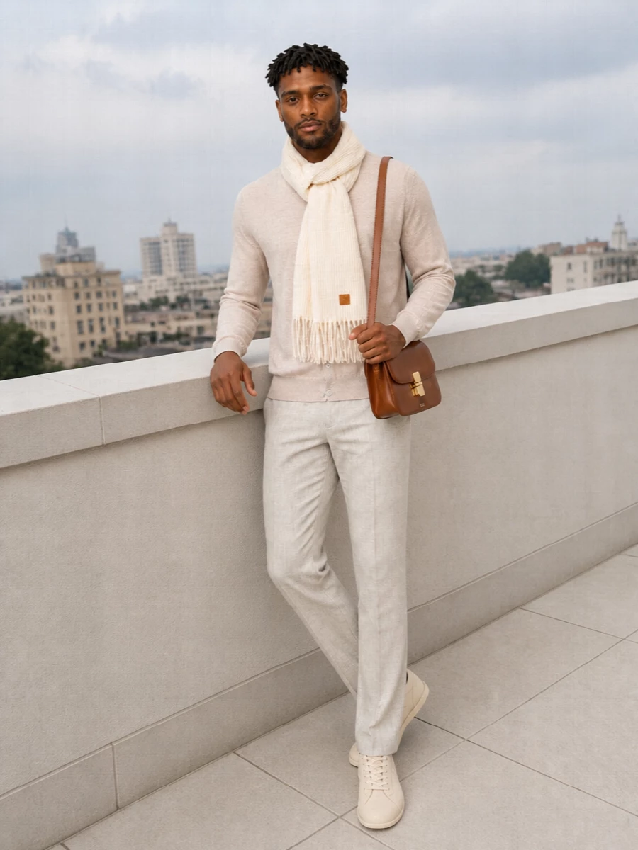 John smedley cardigan lardini beige trousers
