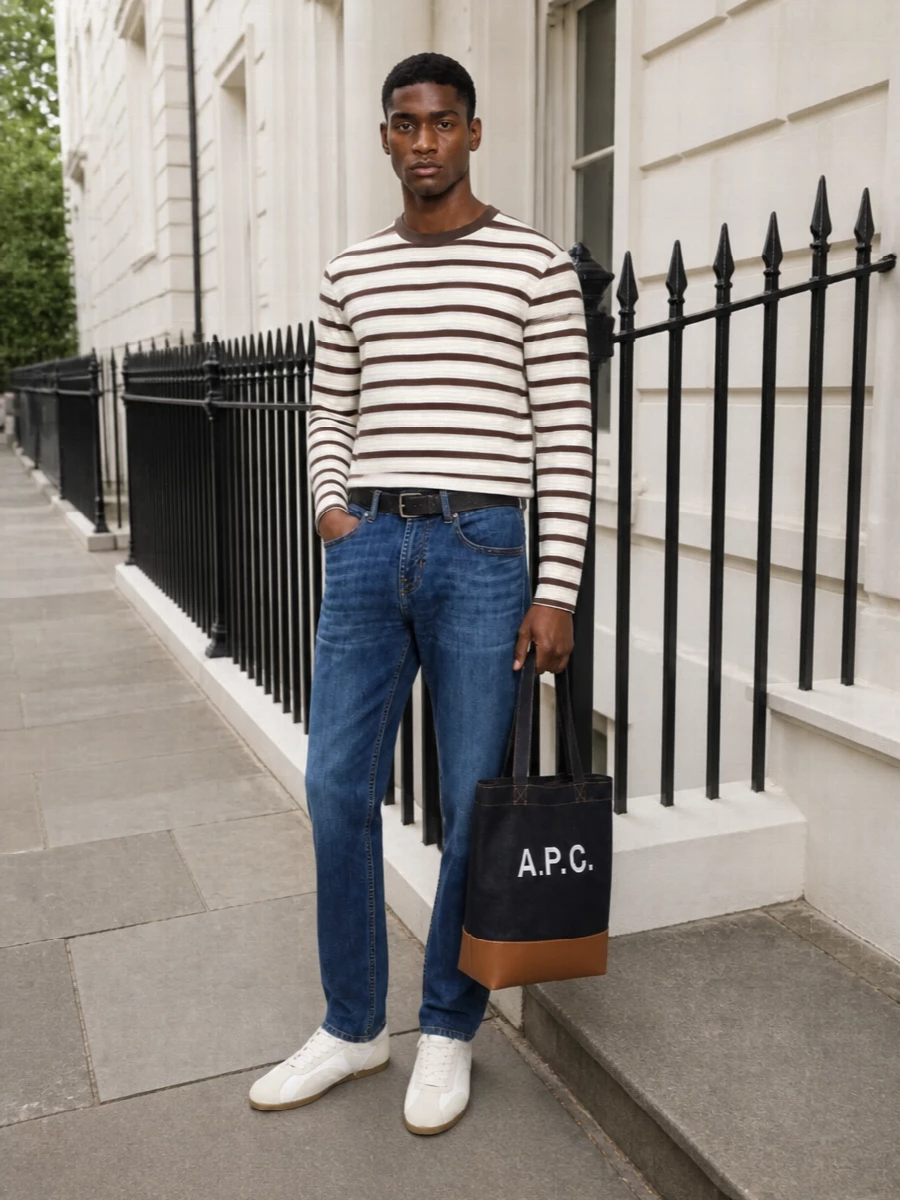 Auralee stripe denim jeans represent sneakers