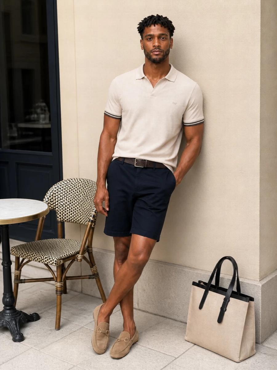 A light beige open-collar polo is grounded with clean navy chino shorts for a precise, smart-casual summer uniform. Sand suede drivers and a slim dark-brown belt keep the lines refined, while the structured canvas tote adds an easy, modern utility that still feels luxuriously understated. The result is relaxed, tonal and quietly polished for city terraces, coastal weekends or informal lunches.