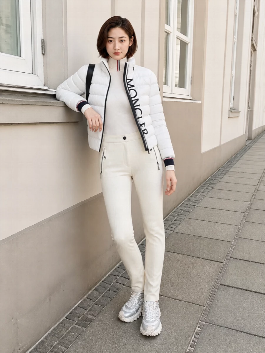 Moncler puffer ivory ski pants outfit
