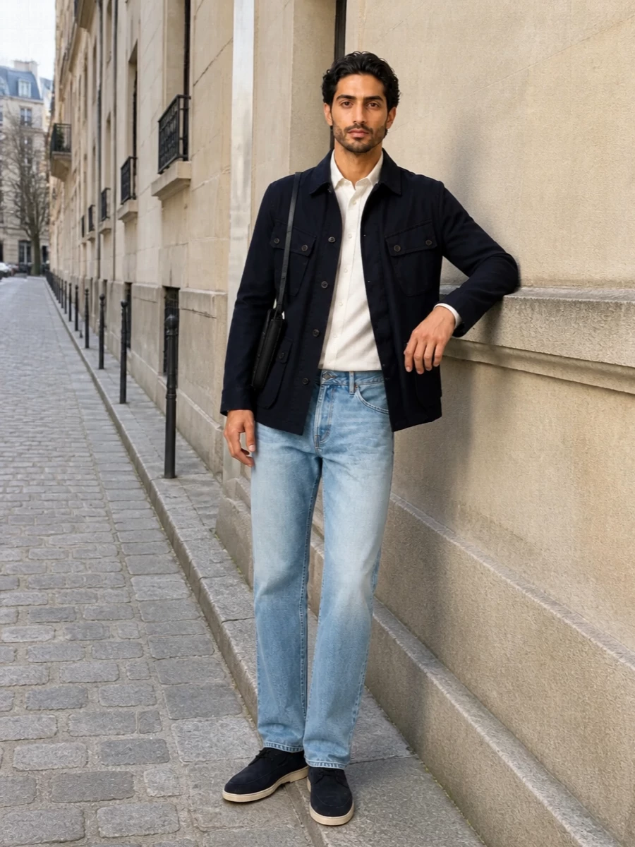 Fay navy utility jacket light wash jeans outfit
