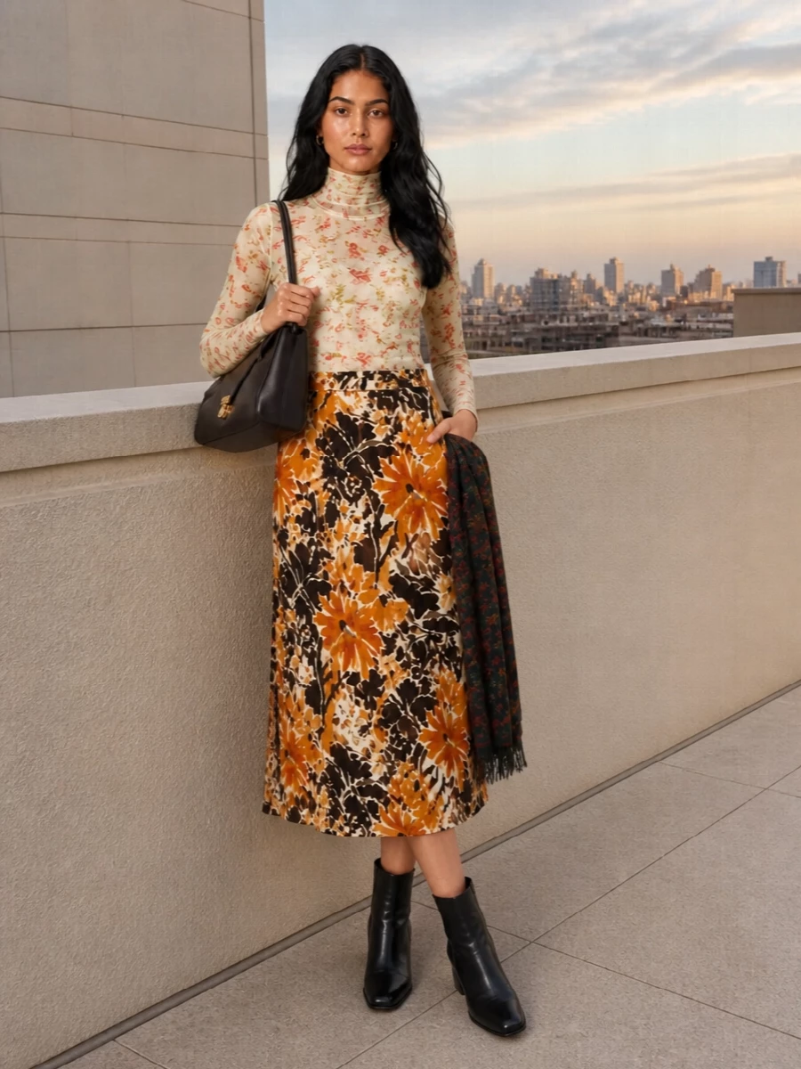 Prada floral bodysuit marni midi skirt outfit