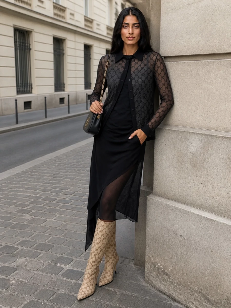 Gucci sheer shirt jacket black midi dress outfit