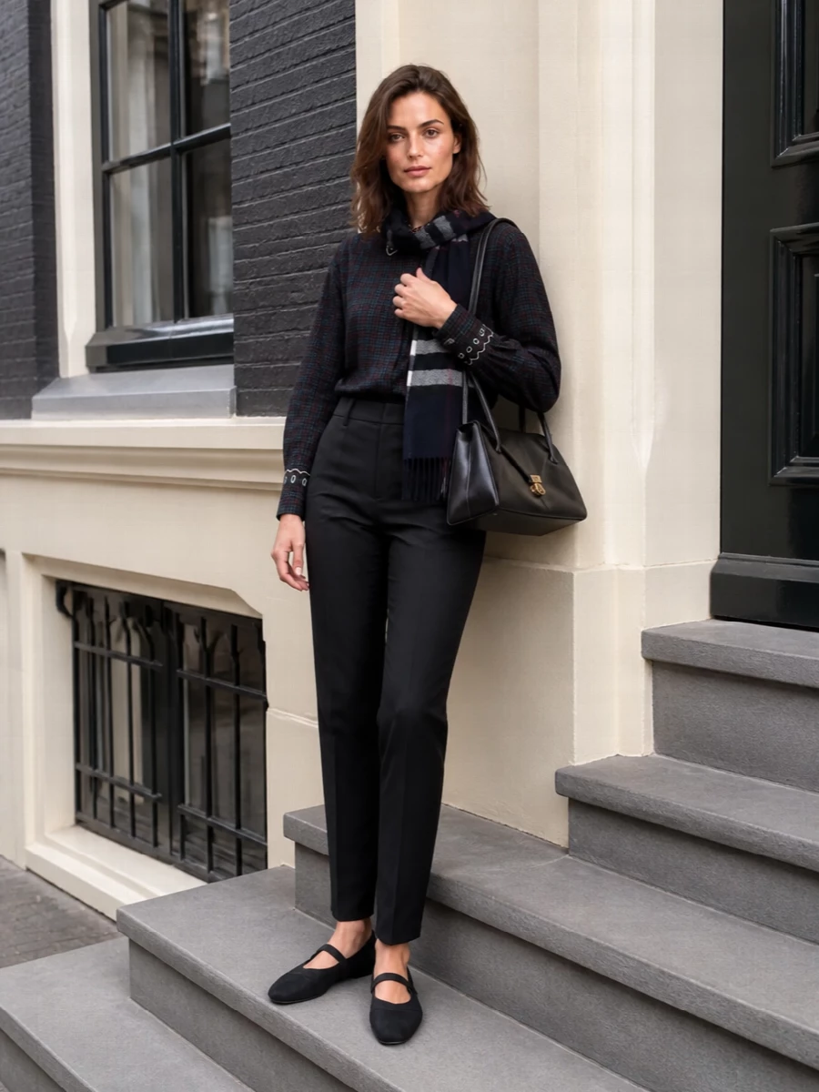 A dark tartan shirt with crisp white embroidery is sharpened by clean charcoal tailoring, creating a romantic take on city polish. A flat Mary Jane keeps the mood preppy yet understated, while a rich espresso shoulder bag and navy check scarf thread in quiet color and texture for colder days.