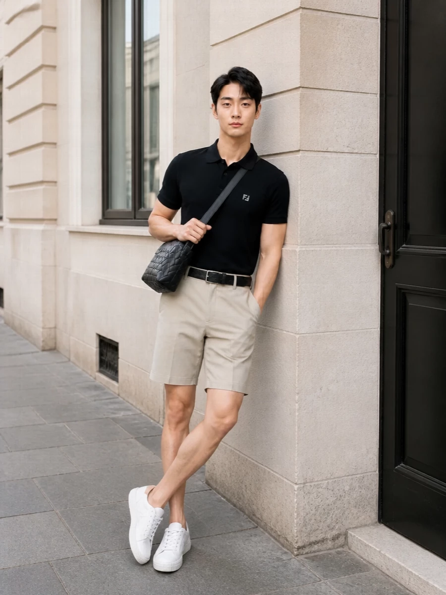 Fendi black polo beige tailored shorts outfit
