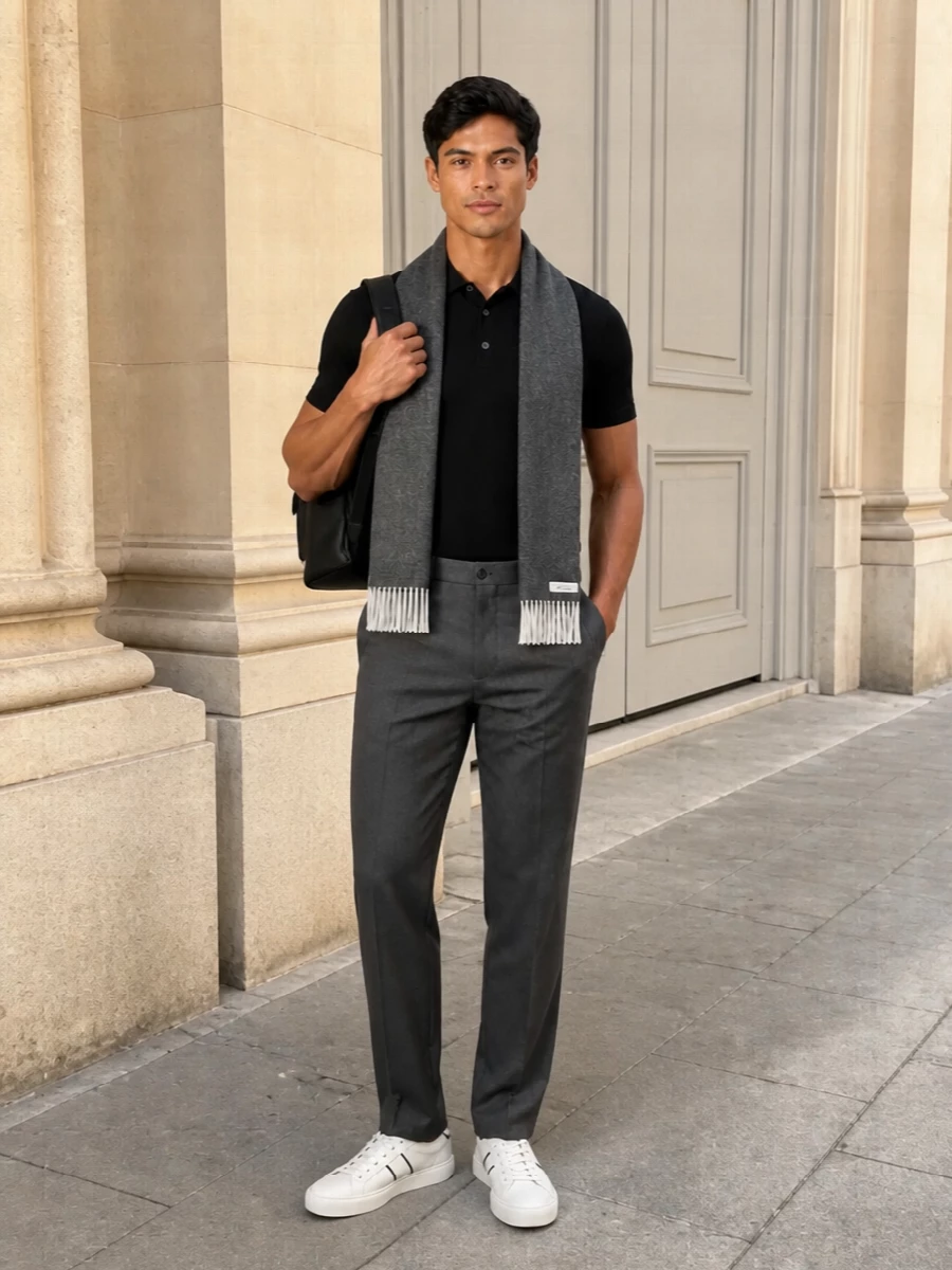 A black knit polo grounded by charcoal tailored trousers creates a calm, minimal base that feels smart without tipping into formal. Off-white leather sneakers bring just enough contrast to keep it modern, while a structured black backpack and charcoal scarf underline the quiet, city-ready refinement. It is a precise, everyday uniform for someone who likes polish handled in a low voice.