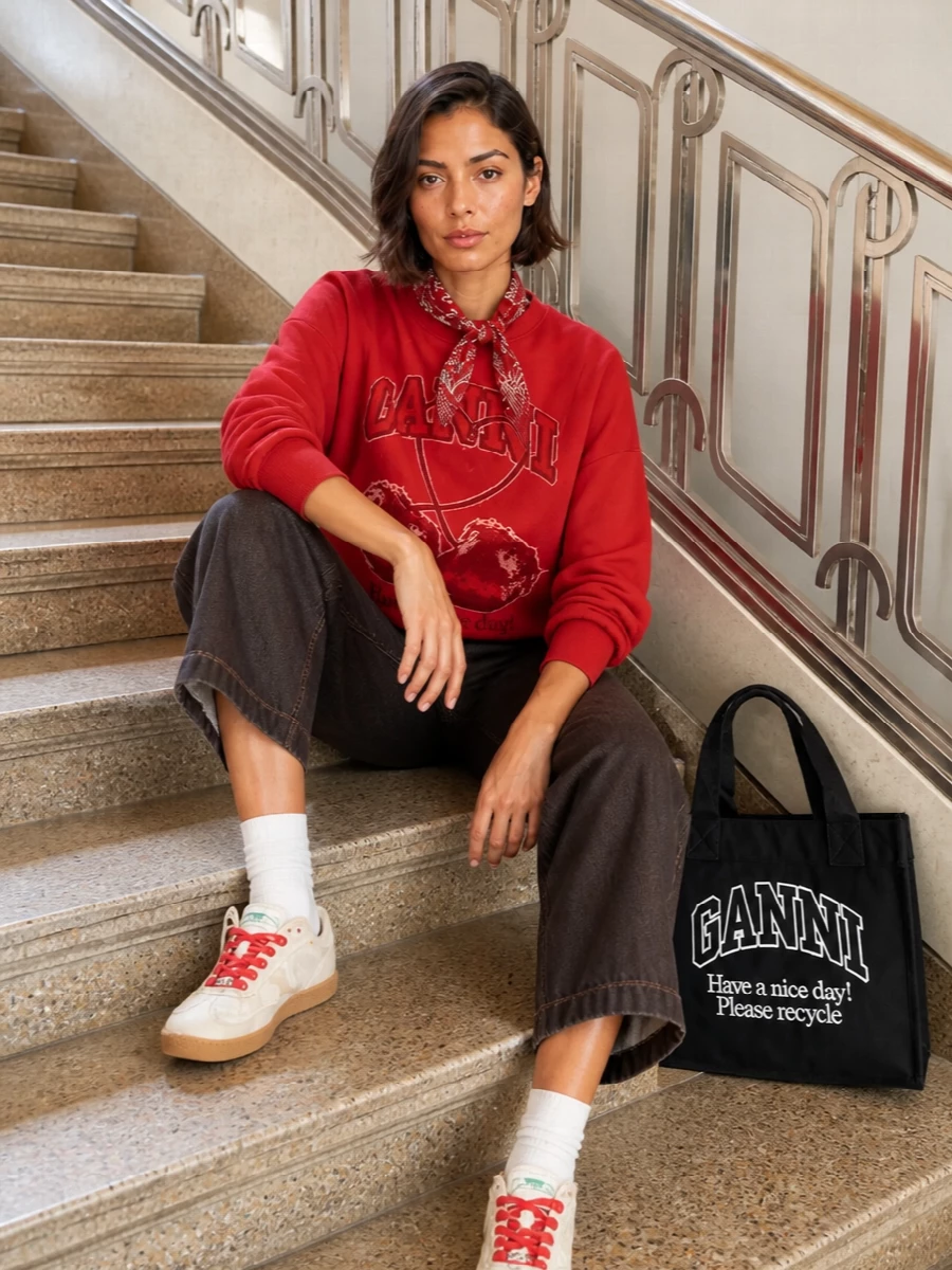 Ganni cherry sweatshirt brown wide leg jeans