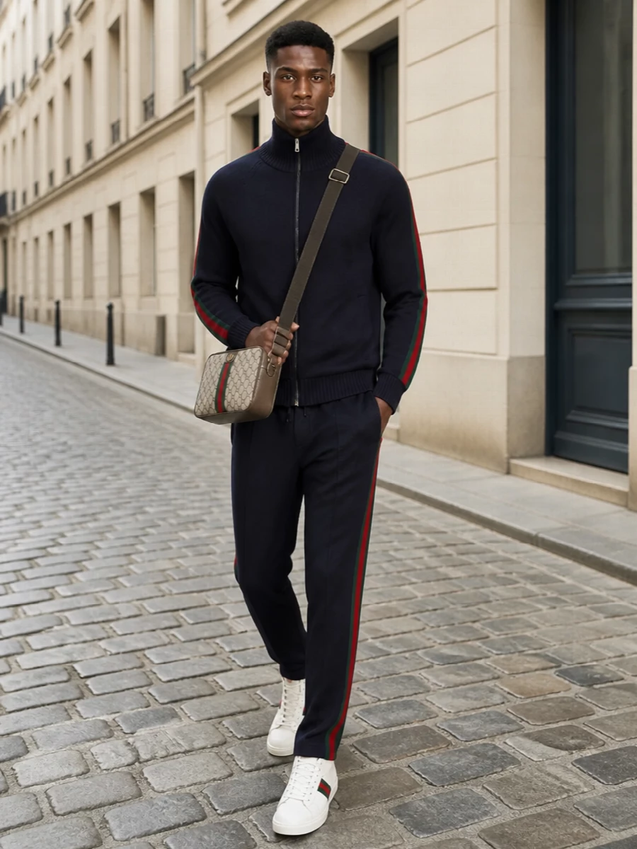 Gucci navy track jacket pants outfit