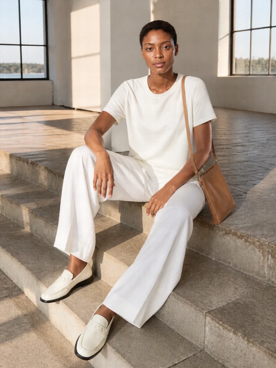 An ivory A-line tee and soft white wide-leg trouser create a calm, elongated column that feels quietly precise for warm days. Buttercream loafers and a slim camel cross-body introduce just enough structure and contrast to keep the palette warm and considered without breaking the ease. The result is relaxed tailoring that reads refined from coffee to gallery.