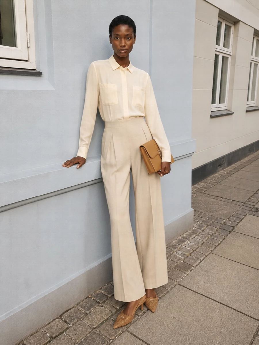 This look builds a refined tonal column with the sheer buttercream shirt tucked into high-waisted light beige wide-leg trousers for an elegant, elongated line. Tan woven kitten-heel slingbacks and a slim camel flap bag introduce subtle texture and warmth, keeping the outfit polished enough for an evening terrace dinner yet effortless for daytime city dressing. The result is pure quiet luxury: light, fluid and impeccably composed in sunlit neutrals.